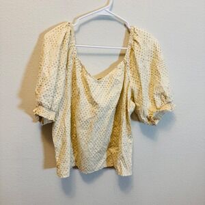 ANA A NEW APPROACH Womens Cream  Polka Dot Square Neck Puff‎ Sleeve Top Size L